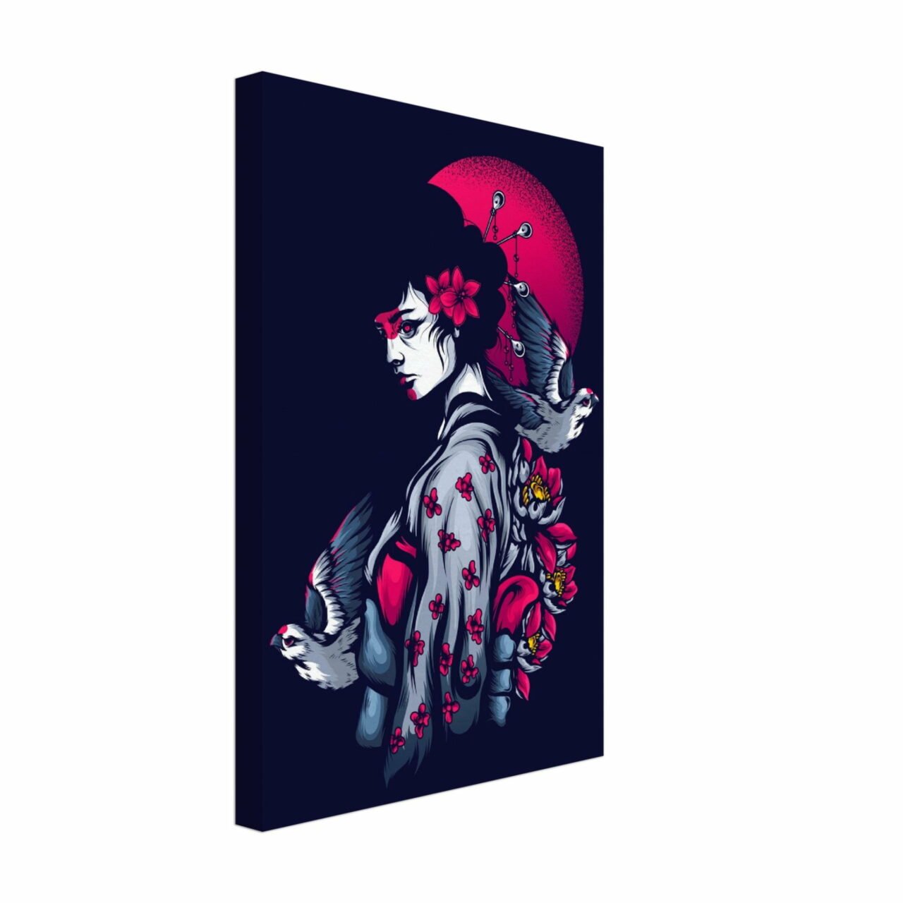 Toile japonaise soleil couchant colombes – portrait femme asiatique Japonaise soleil couchant colombes