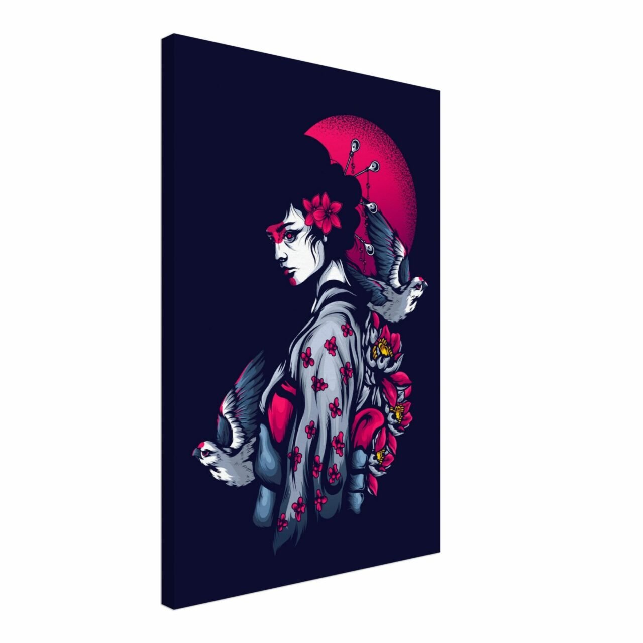Toile japonaise soleil couchant colombes – portrait femme asiatique Japonaise soleil couchant colombes