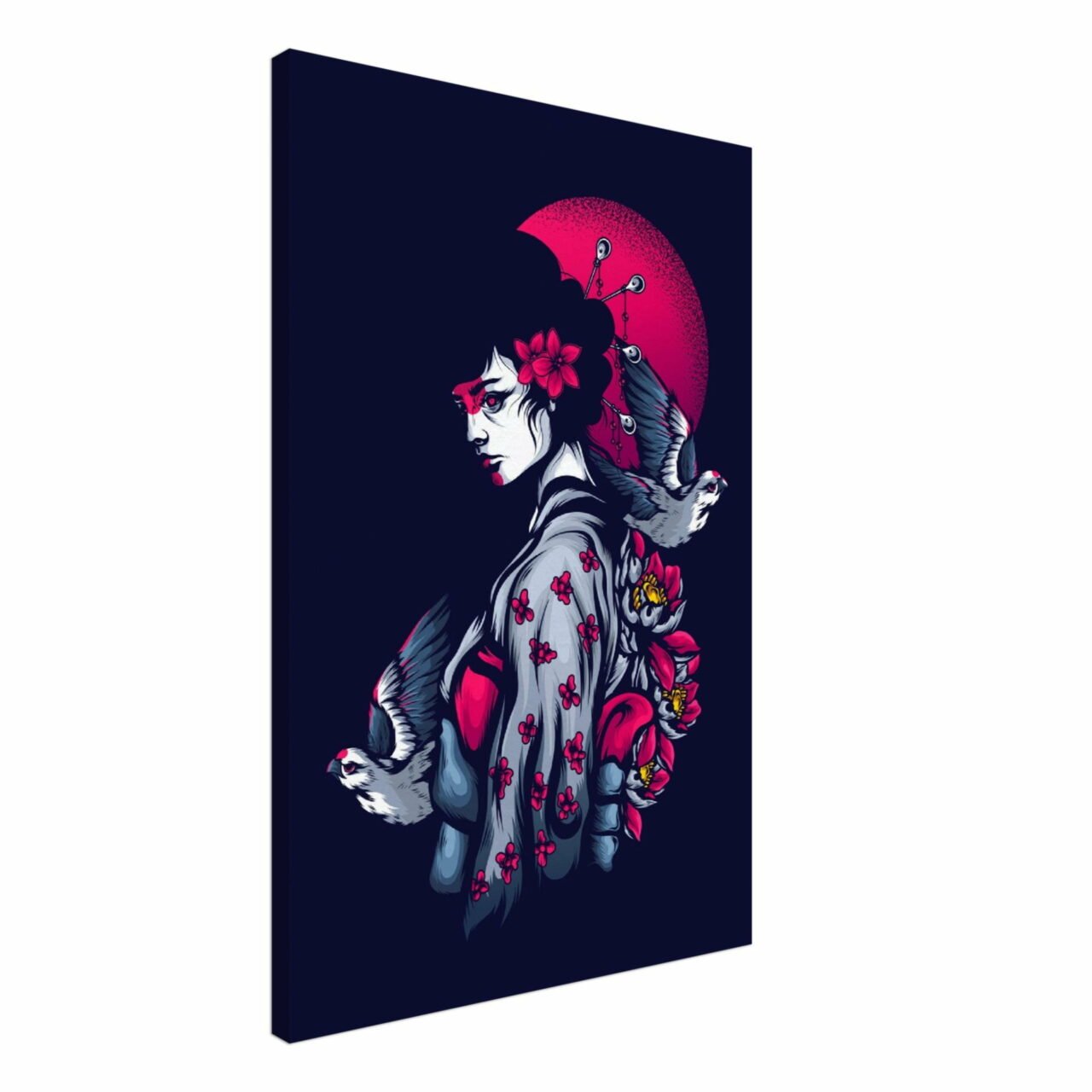 Toile japonaise soleil couchant colombes – portrait femme asiatique Japonaise soleil couchant colombes