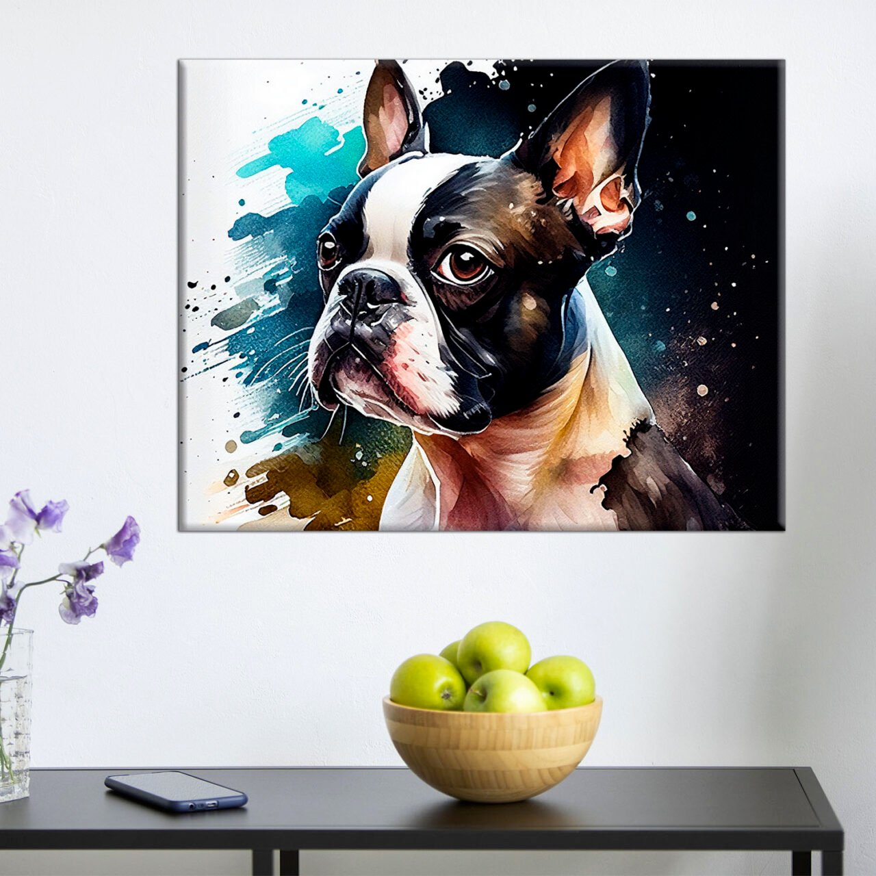Cadre mural – Aquarelle Portrait d’un Boston Terrier cadre mural aquarelle portrait d'un boston terrier