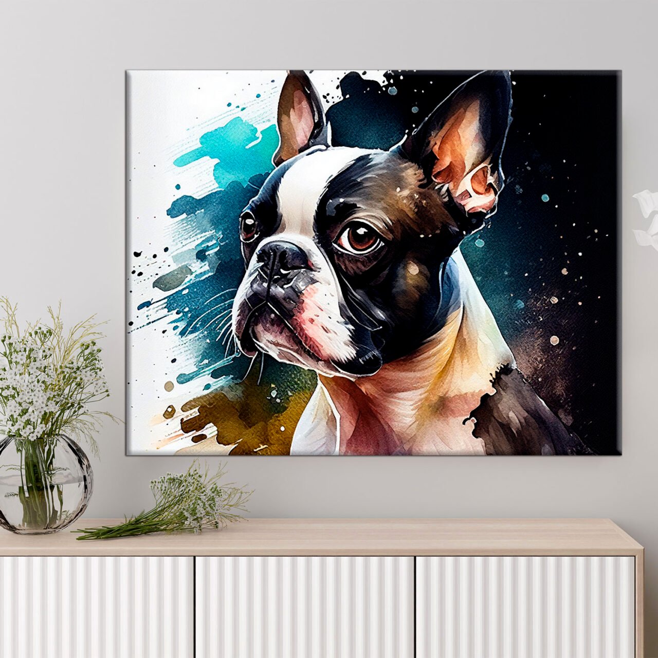 Cadre mural – Aquarelle Portrait d’un Boston Terrier cadre mural aquarelle portrait d'un boston terrier