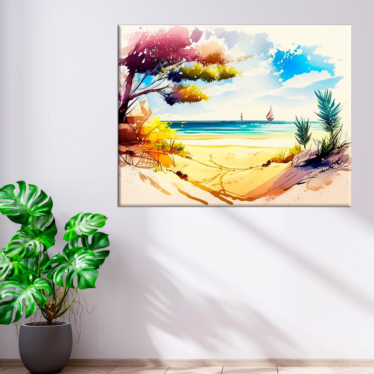 cadre mural aquarelle vue depuis la plage