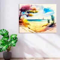 cadre mural aquarelle vue depuis la plage