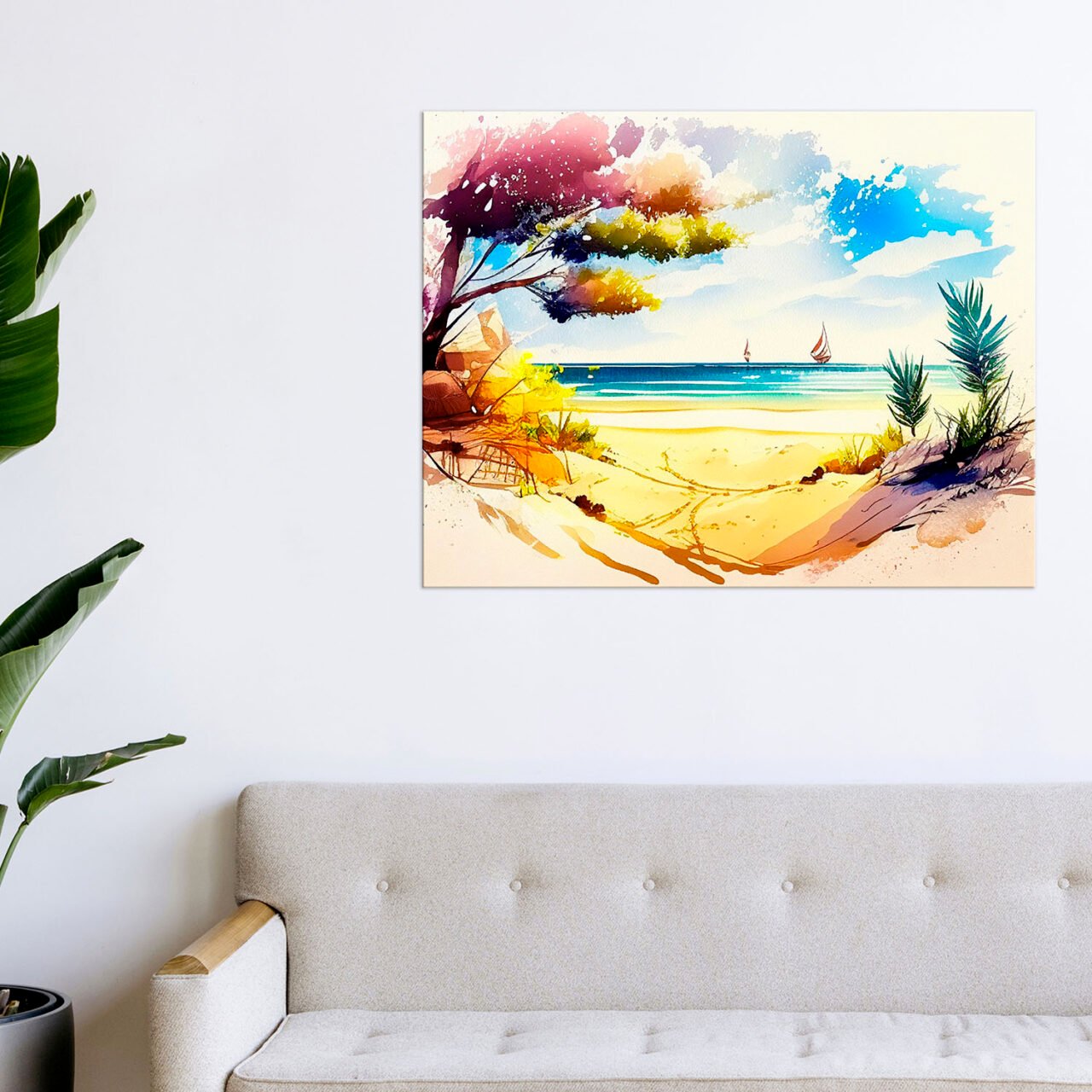 cadre mural aquarelle vue depuis la plage
