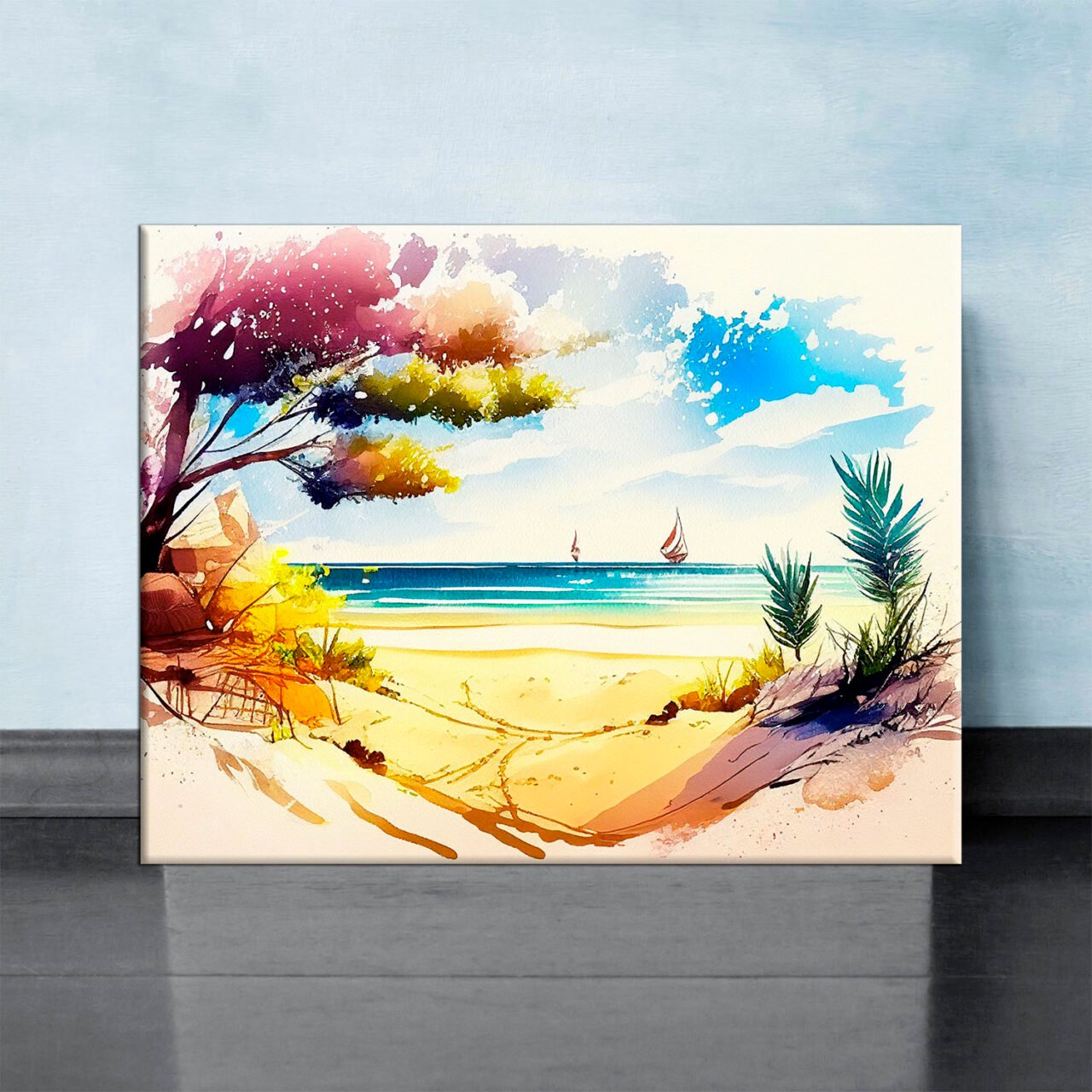 cadre mural aquarelle vue depuis la plage