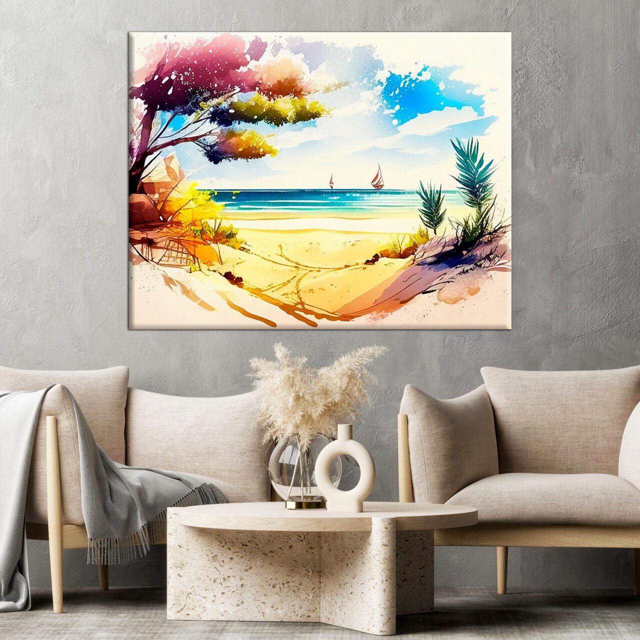 cadre mural aquarelle vue depuis la plage