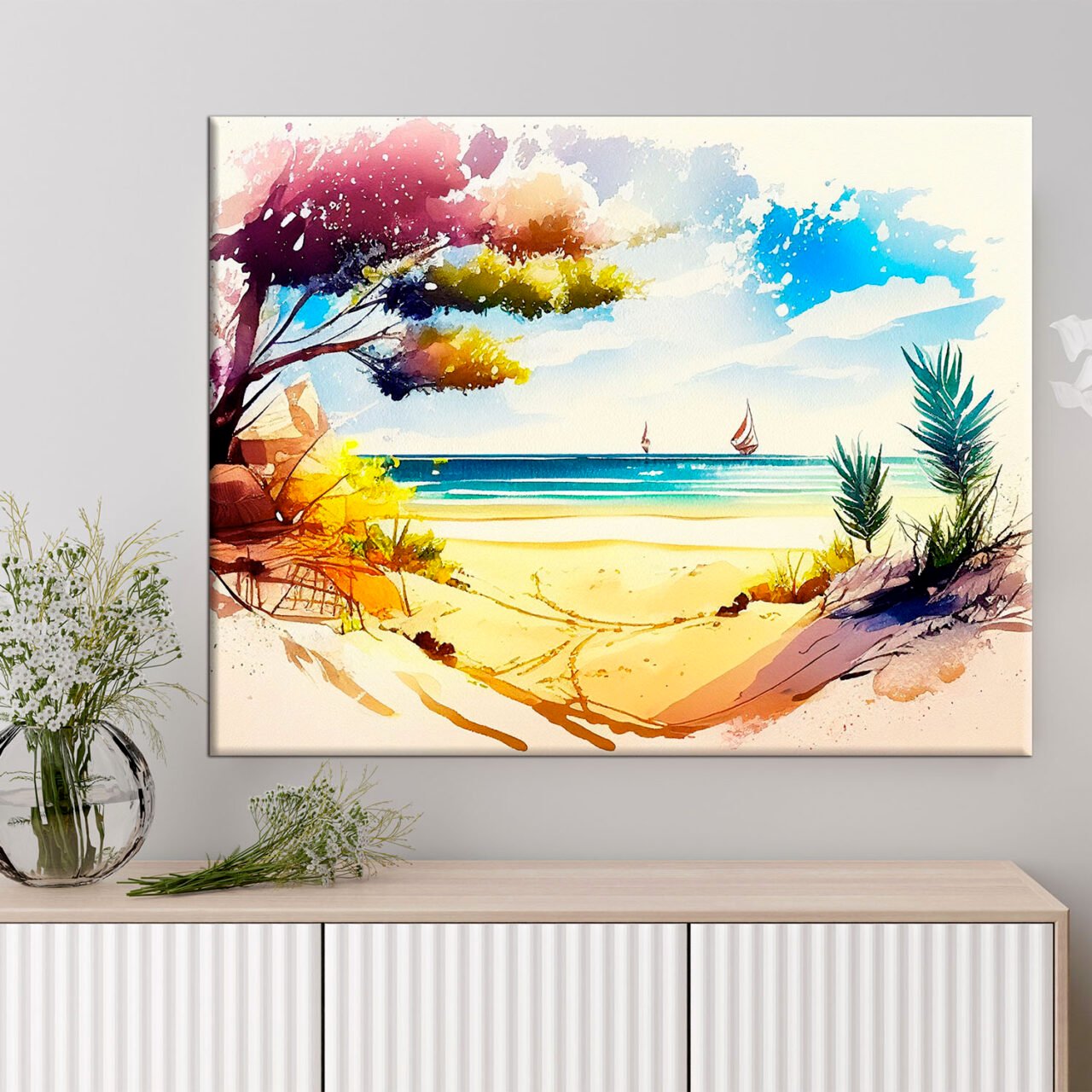 cadre mural aquarelle vue depuis la plage