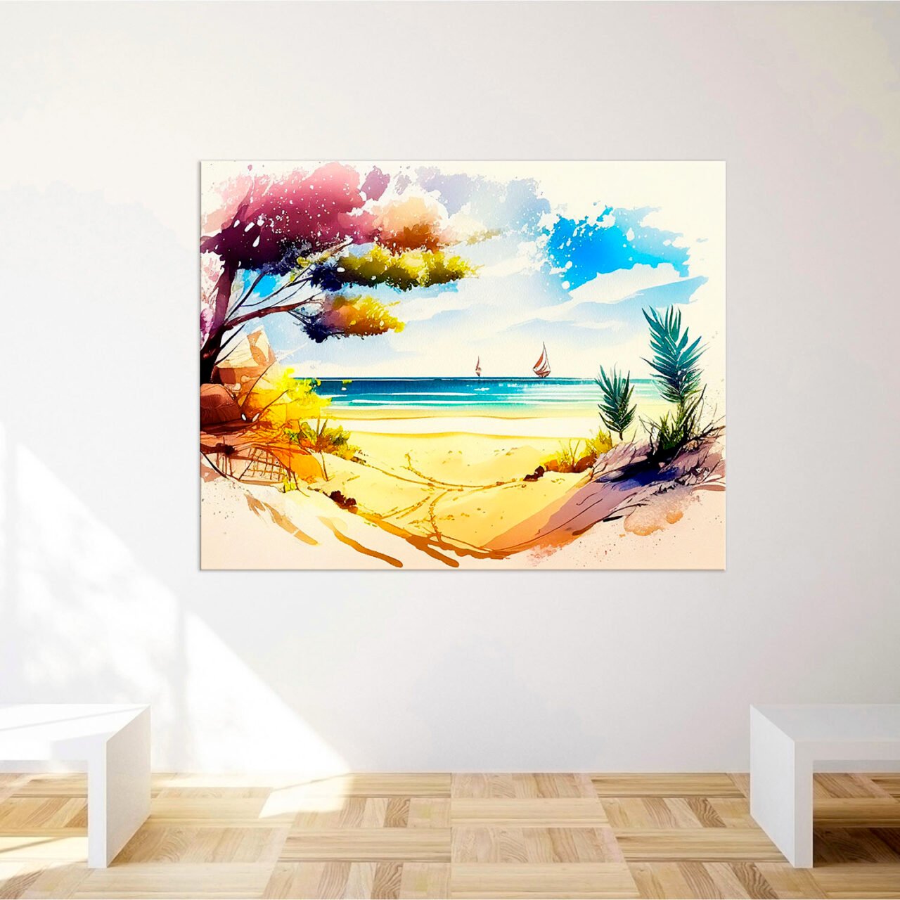 cadre mural aquarelle vue depuis la plage