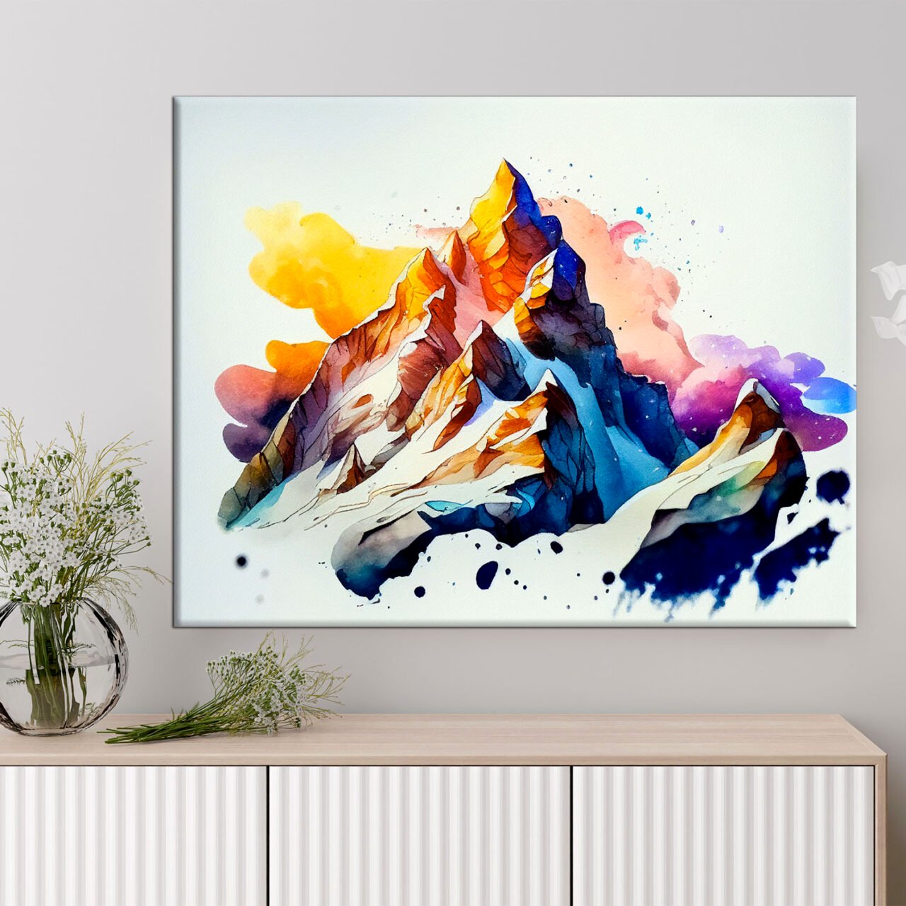 Cadre mural – Peinture Montagne enneigée dans nuages de feu cadre mural peinture montagne enneigée dans nuages de feu