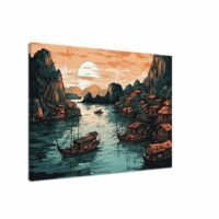 Cadre Dessin couleur – Baie d’Halong au coucher du soleil cadre dessin couleur baie d'halong au coucher du soleil