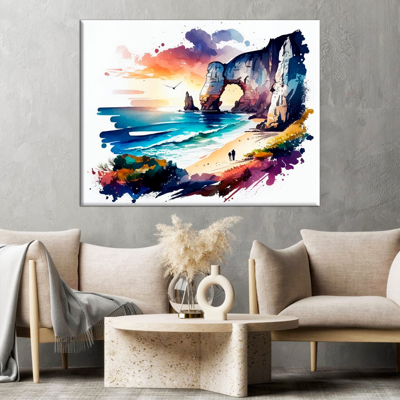 toile art mural aquarelle falaises d'etretat coucher de soleil