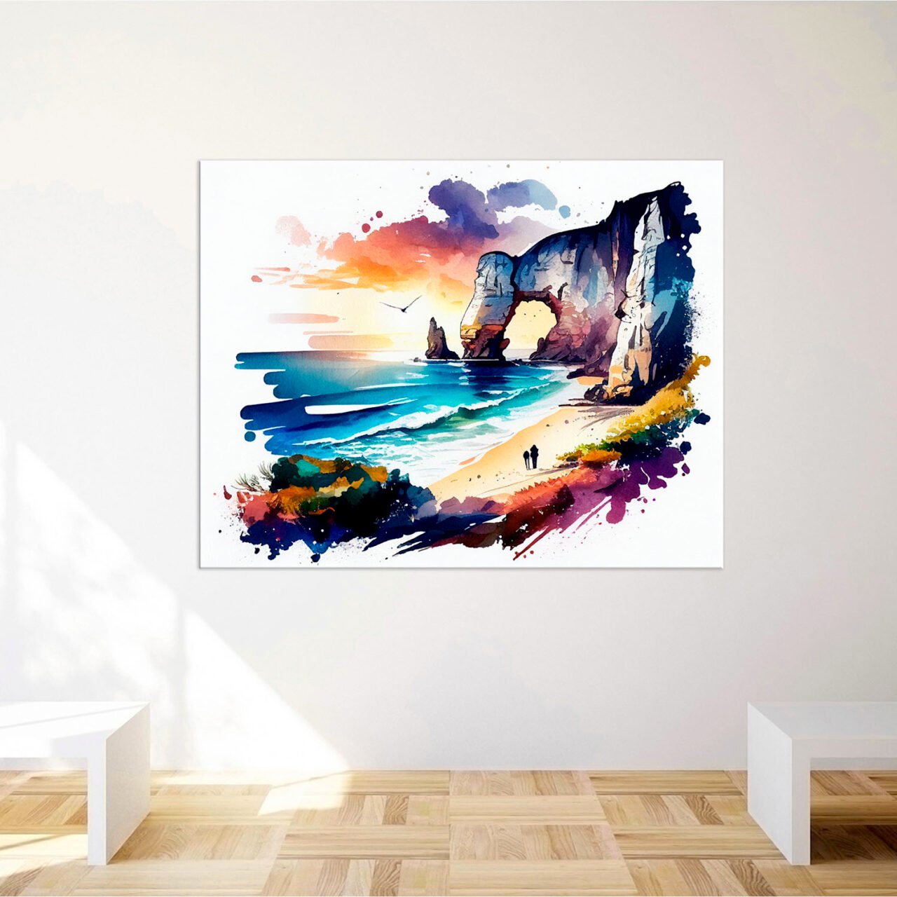 toile art mural aquarelle falaises d'etretat coucher de soleil