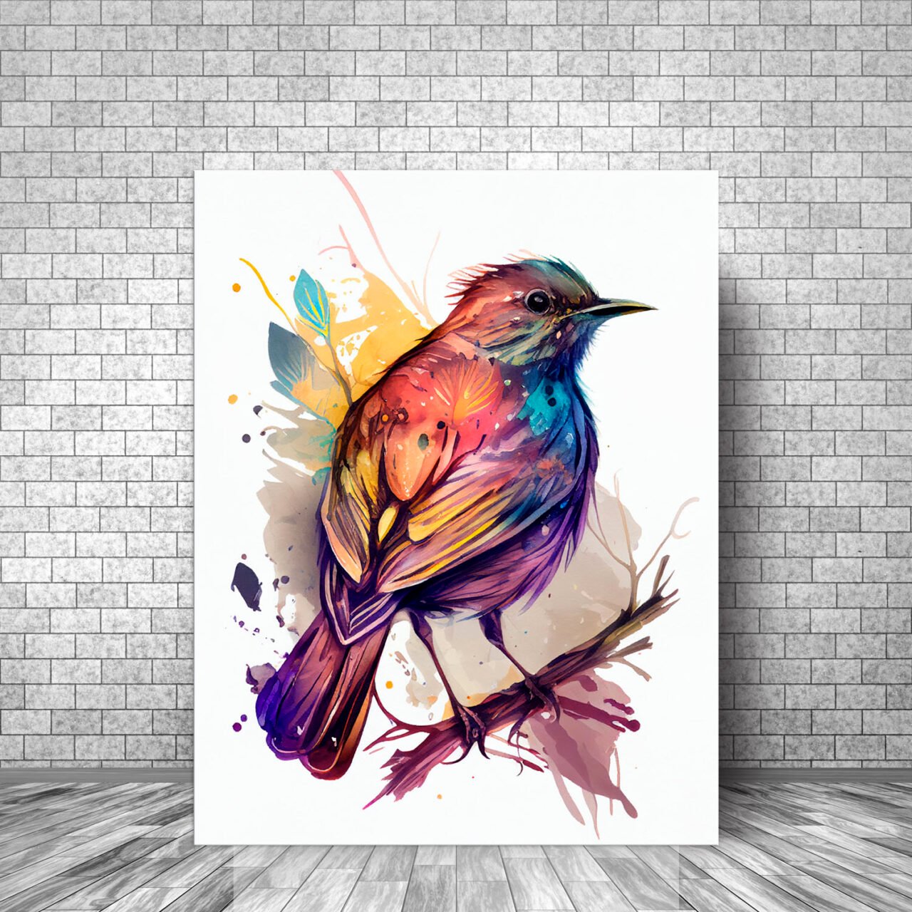 cadre décoratif aquarelle oiseau rouge or et bleu