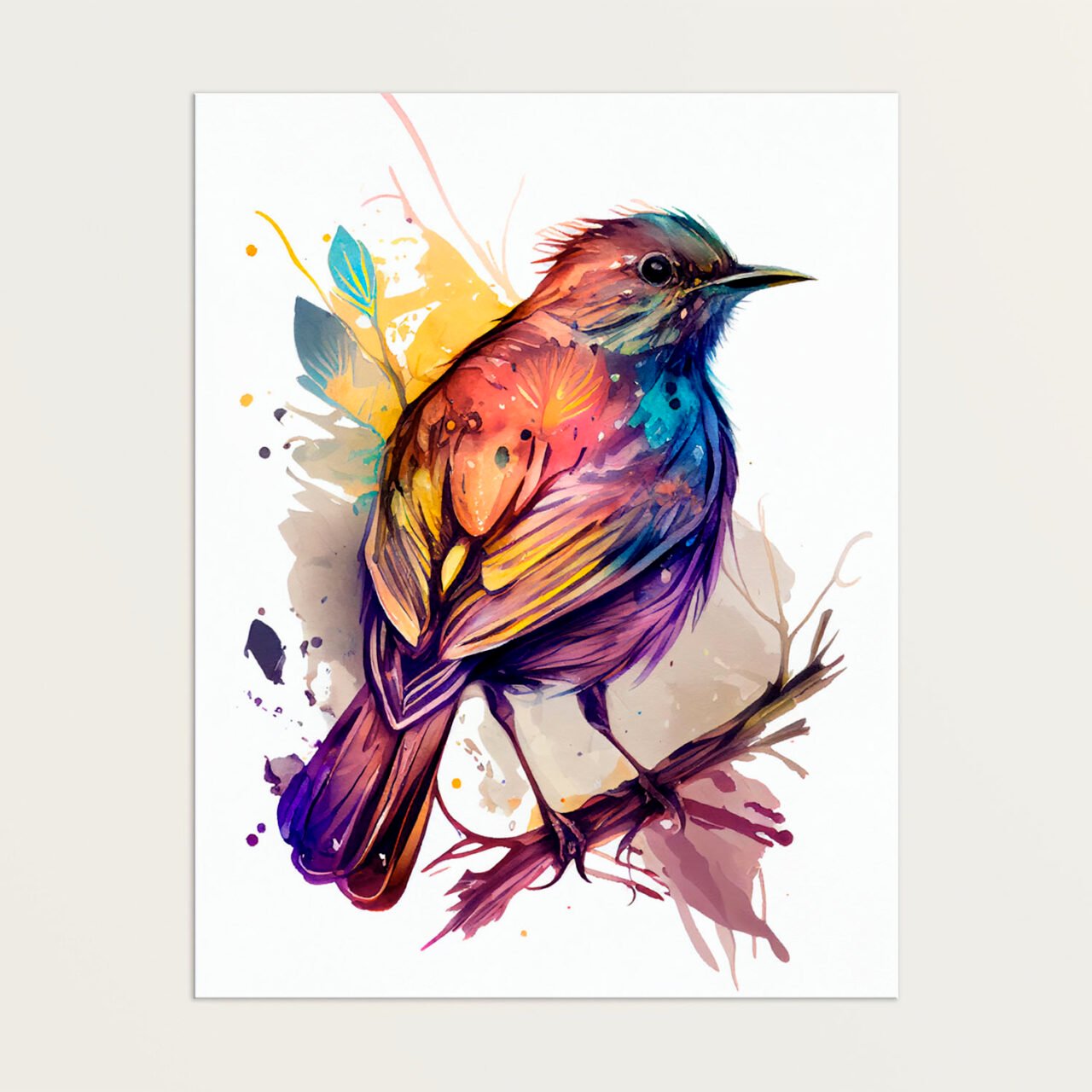 cadre décoratif aquarelle oiseau rouge or et bleu