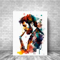 toile cadre décoratif portrait de saxophoniste aquarelle