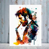 toile cadre décoratif portrait de saxophoniste aquarelle