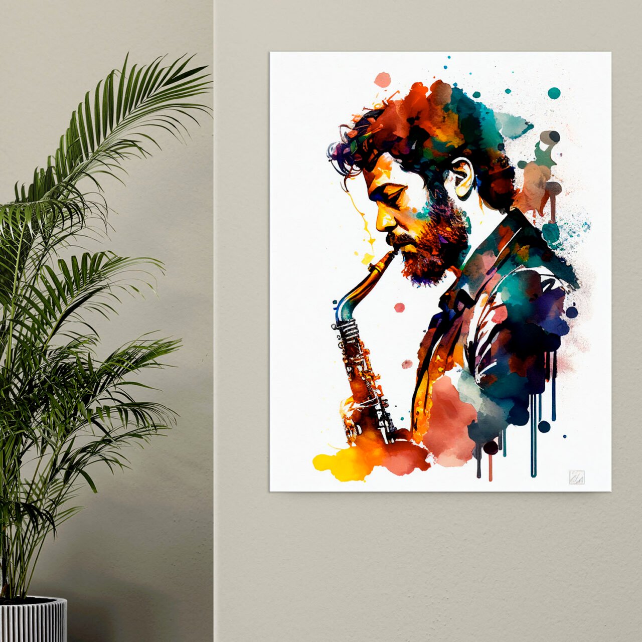 toile cadre décoratif portrait de saxophoniste aquarelle