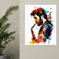 toile cadre décoratif portrait de saxophoniste aquarelle