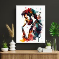 toile cadre décoratif portrait de saxophoniste aquarelle