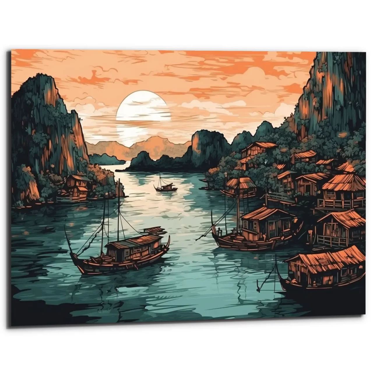 Cadre Dessin couleur – Baie d’Halong au coucher du soleil cadre dessin couleur baie d'halong au coucher du soleil