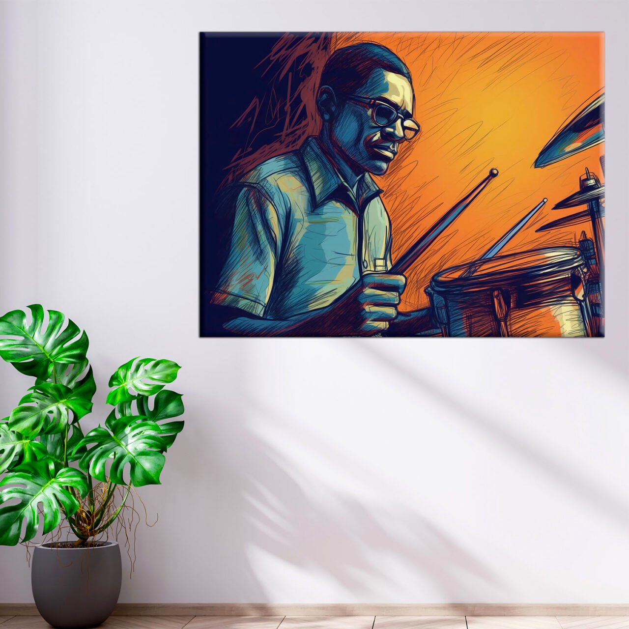 cadre décoratif artistique dessin coloré d'un batteur de jazz