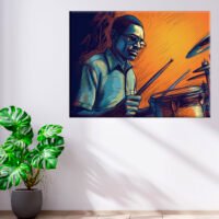 cadre décoratif artistique dessin coloré d'un batteur de jazz