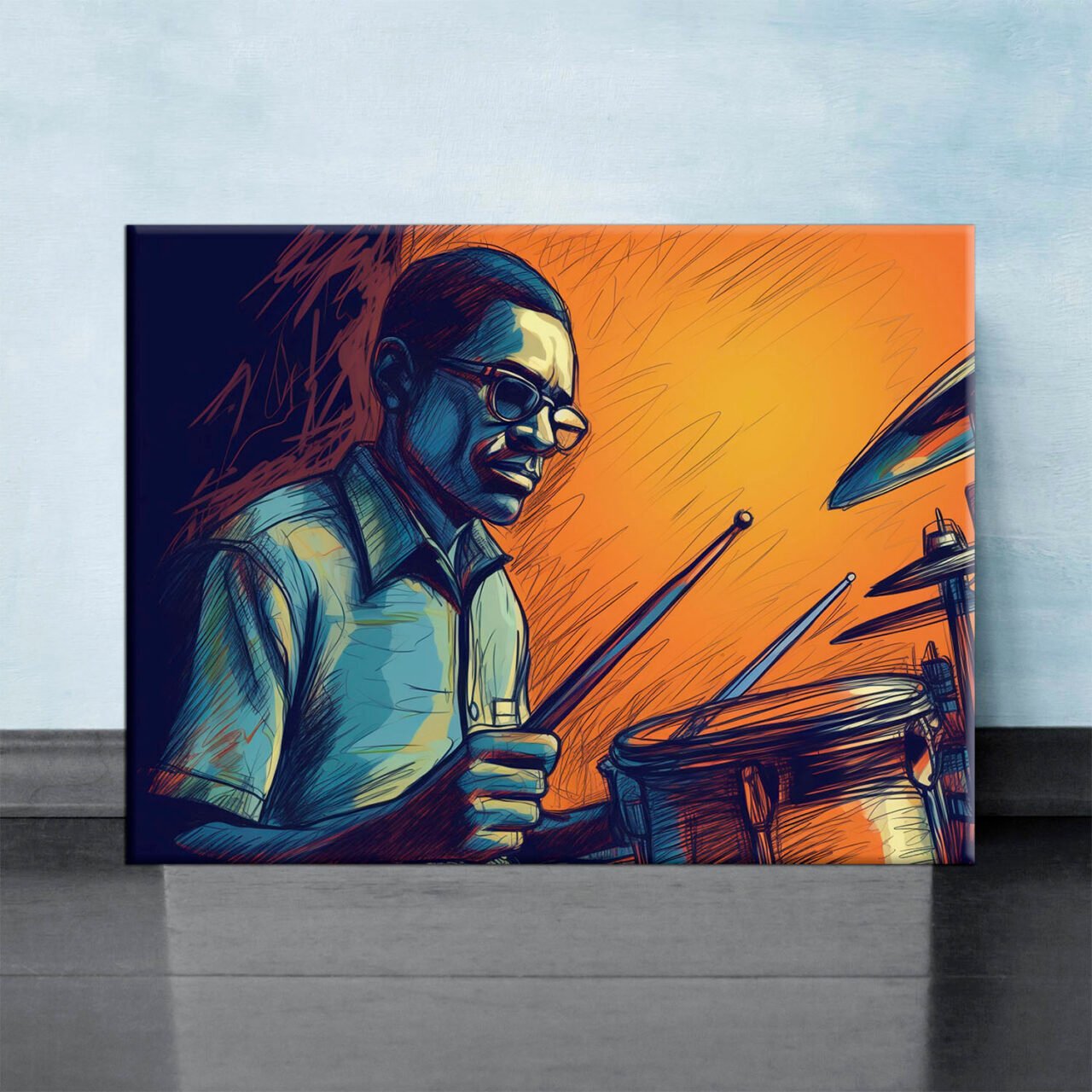 cadre décoratif artistique dessin coloré d'un batteur de jazz