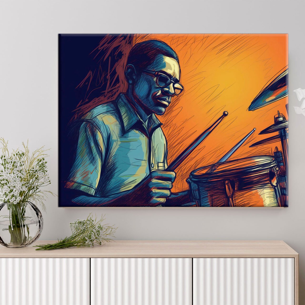 cadre décoratif artistique dessin coloré d'un batteur de jazz