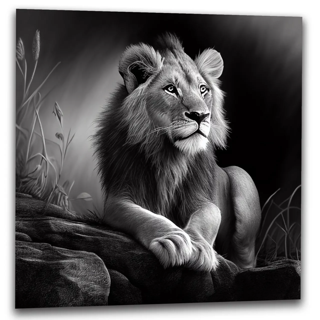 Cadre Noir et Blanc – Dessin détaillé d’un lion paisible cadre noir et blanc dessin détaillé d'un lion paisible