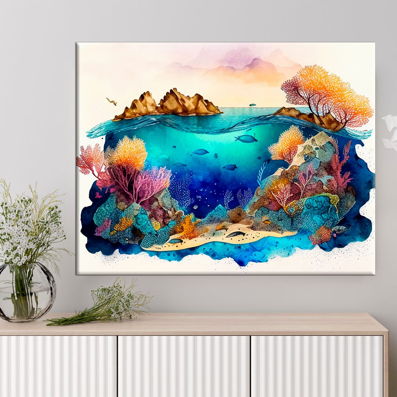 cadre déco artistique grande barrière de corail aquarelle