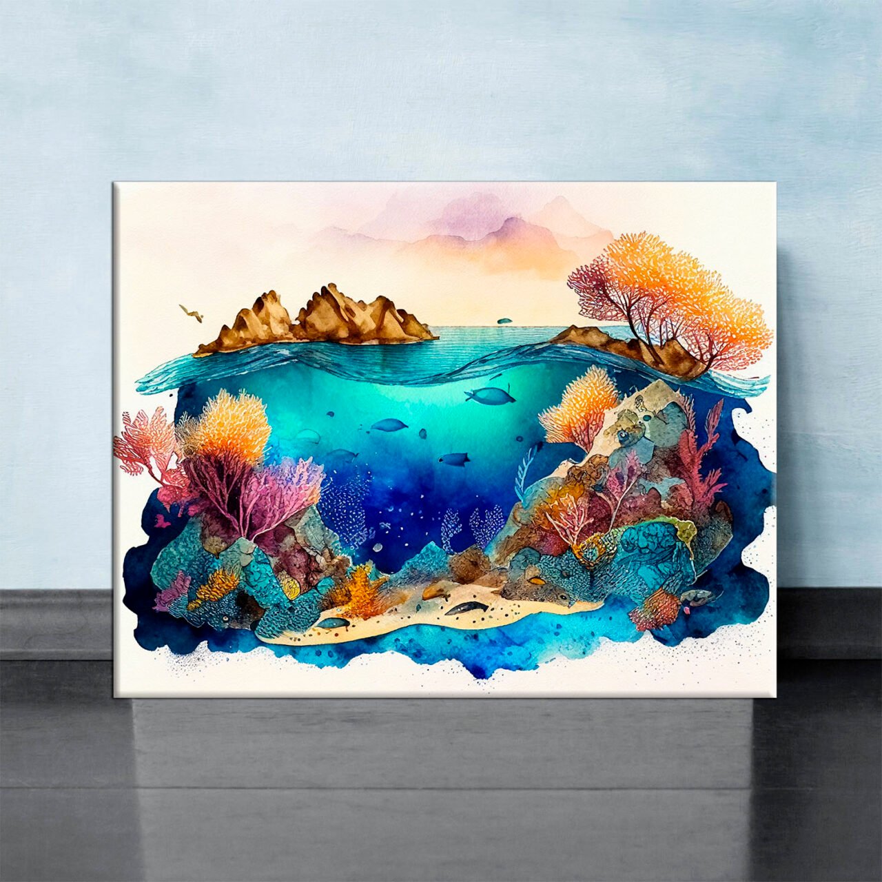 cadre déco artistique grande barrière de corail aquarelle