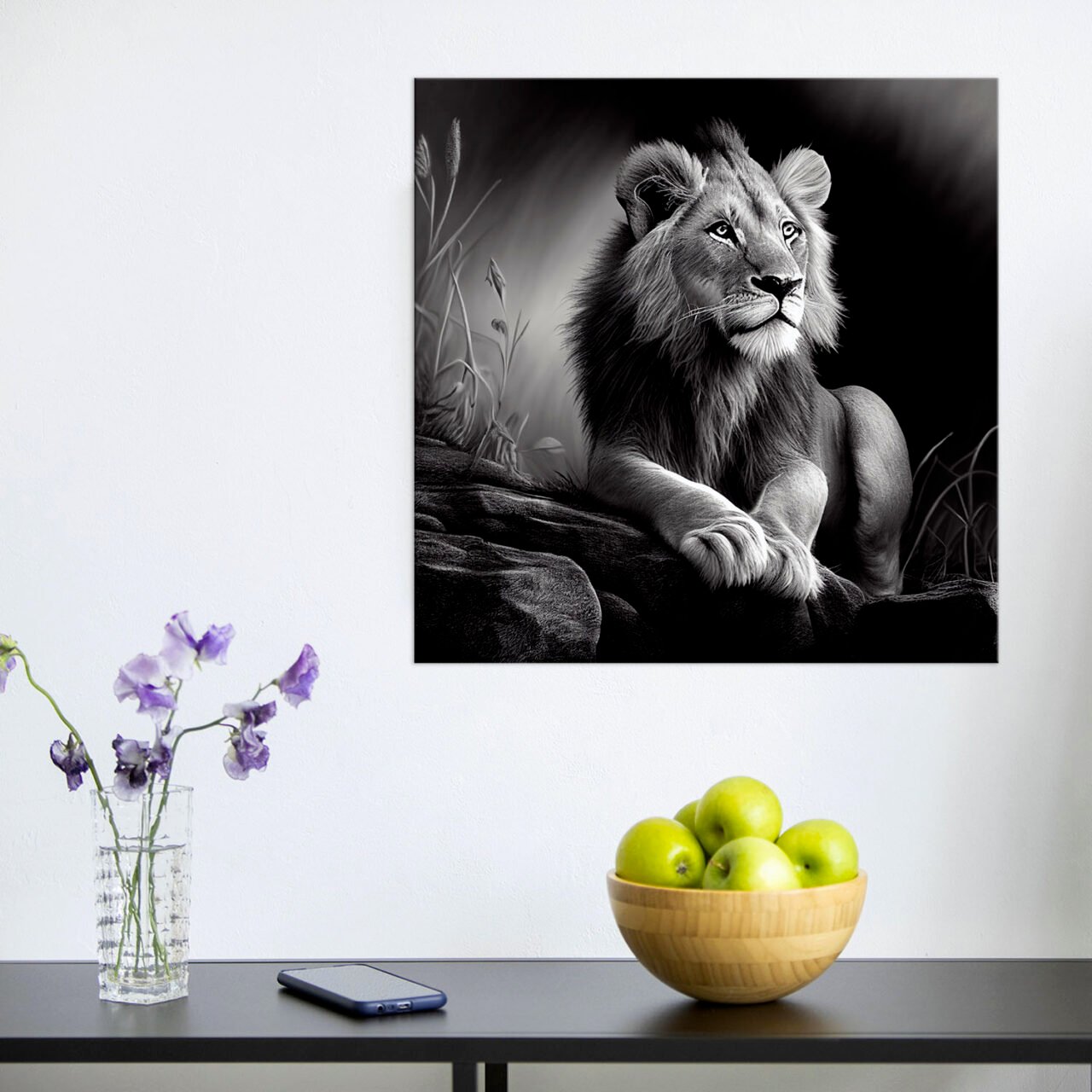 Cadre Noir et Blanc – Dessin détaillé d’un lion paisible cadre noir et blanc dessin détaillé d'un lion paisible