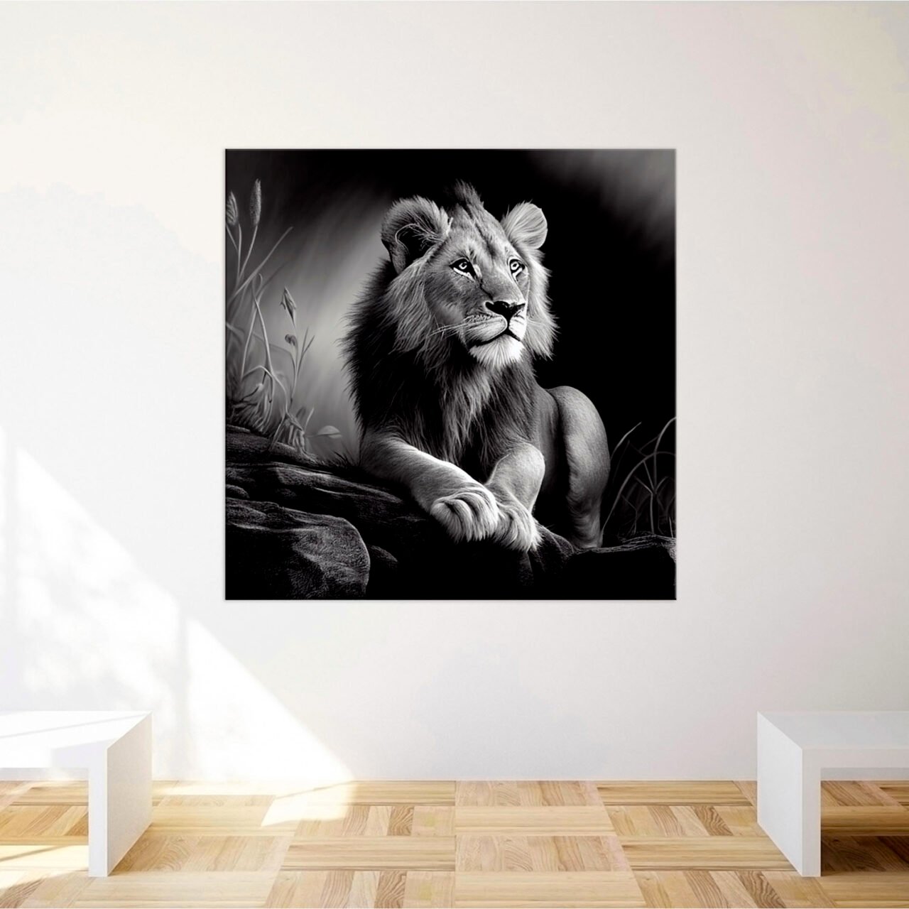 Cadre Noir et Blanc – Dessin détaillé d’un lion paisible cadre noir et blanc dessin détaillé d'un lion paisible