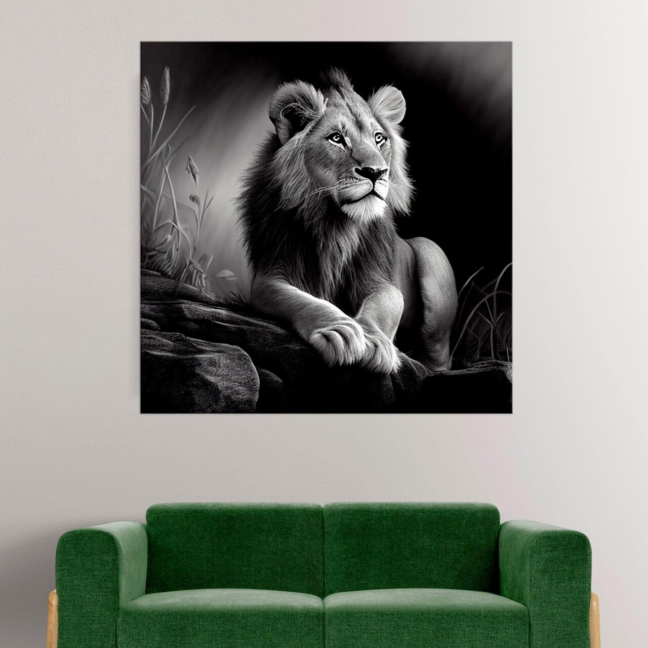 Cadre Noir et Blanc – Dessin détaillé d’un lion paisible cadre noir et blanc dessin détaillé d'un lion paisible
