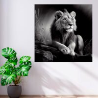 Cadre Noir et Blanc – Dessin détaillé d’un lion paisible cadre noir et blanc dessin détaillé d'un lion paisible