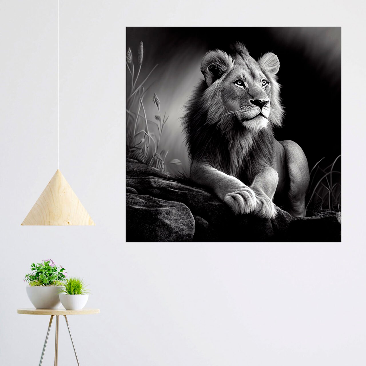 Cadre Noir et Blanc – Dessin détaillé d’un lion paisible cadre noir et blanc dessin détaillé d'un lion paisible