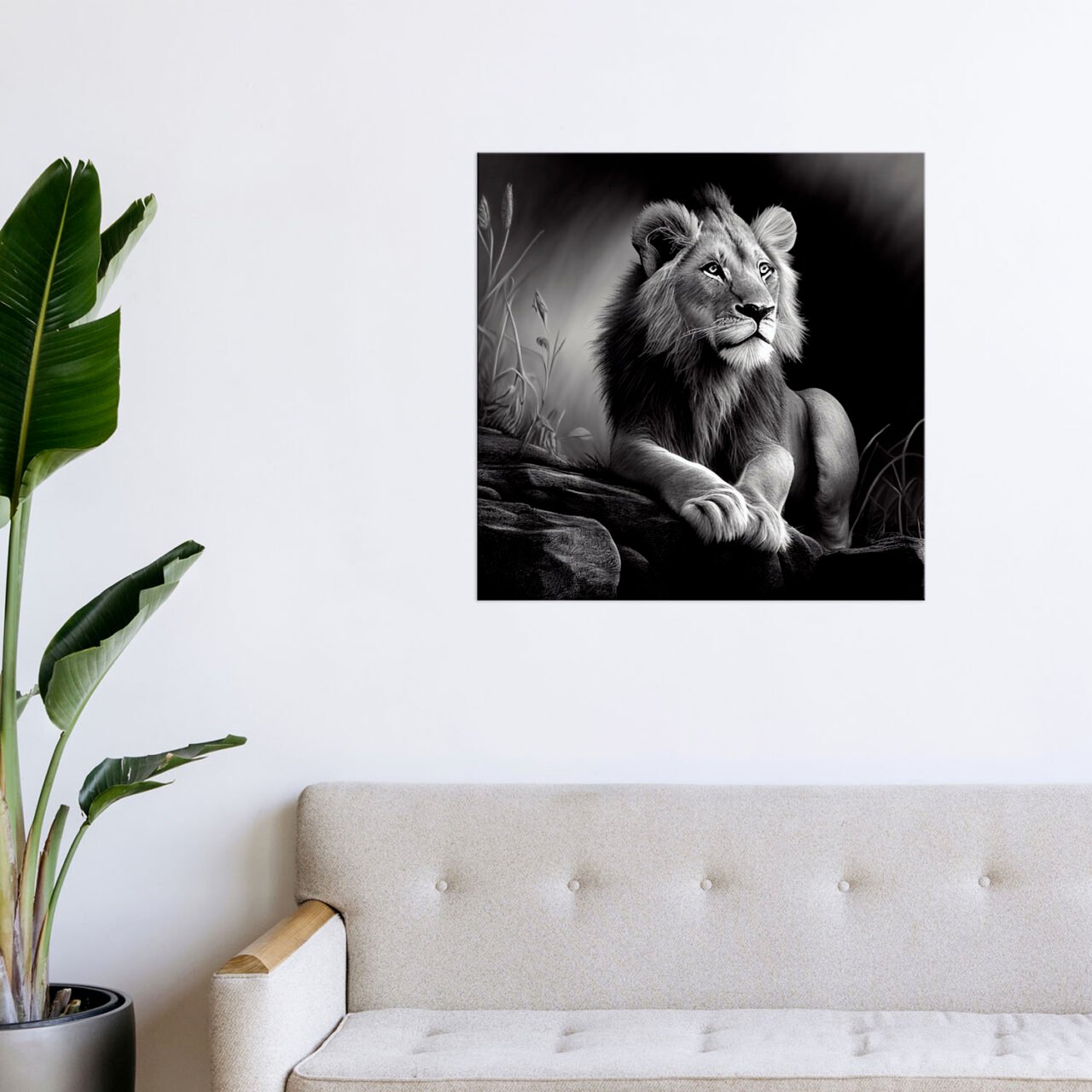 Cadre Noir et Blanc – Dessin détaillé d’un lion paisible cadre noir et blanc dessin détaillé d'un lion paisible