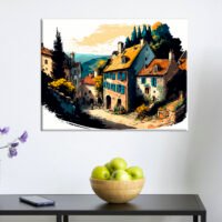 cadre mural traditionnel petit village de montagne en été
