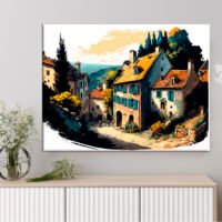 cadre mural traditionnel petit village de montagne en été