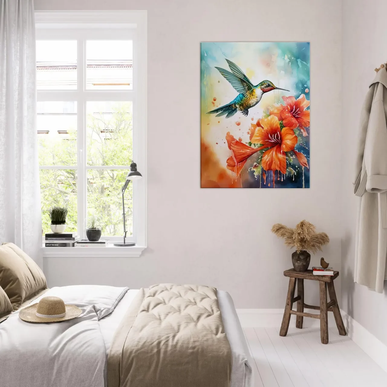 aquarelle colibri et glaïeuls rouges