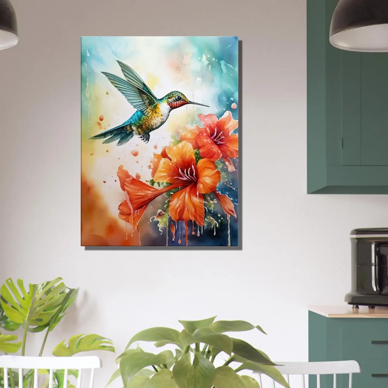 aquarelle colibri et glaïeuls rouges