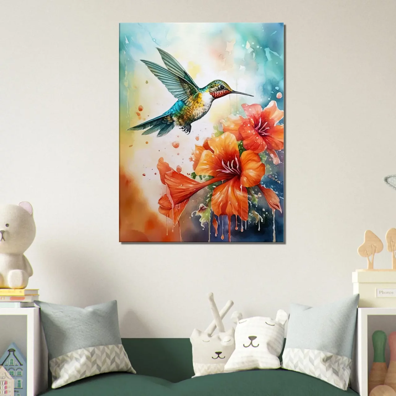aquarelle colibri et glaïeuls rouges