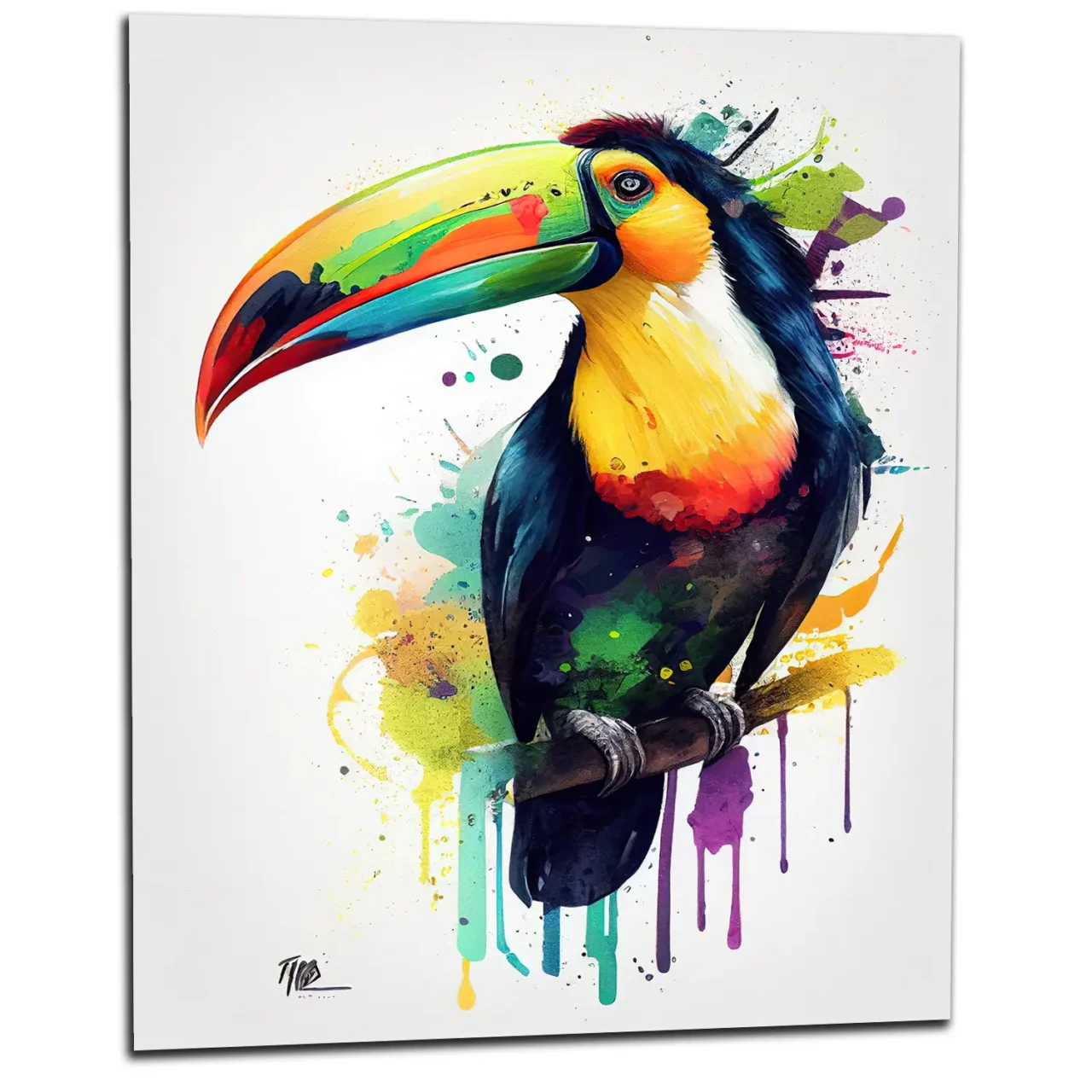 aquarelle toucan multicolore sur sa branche