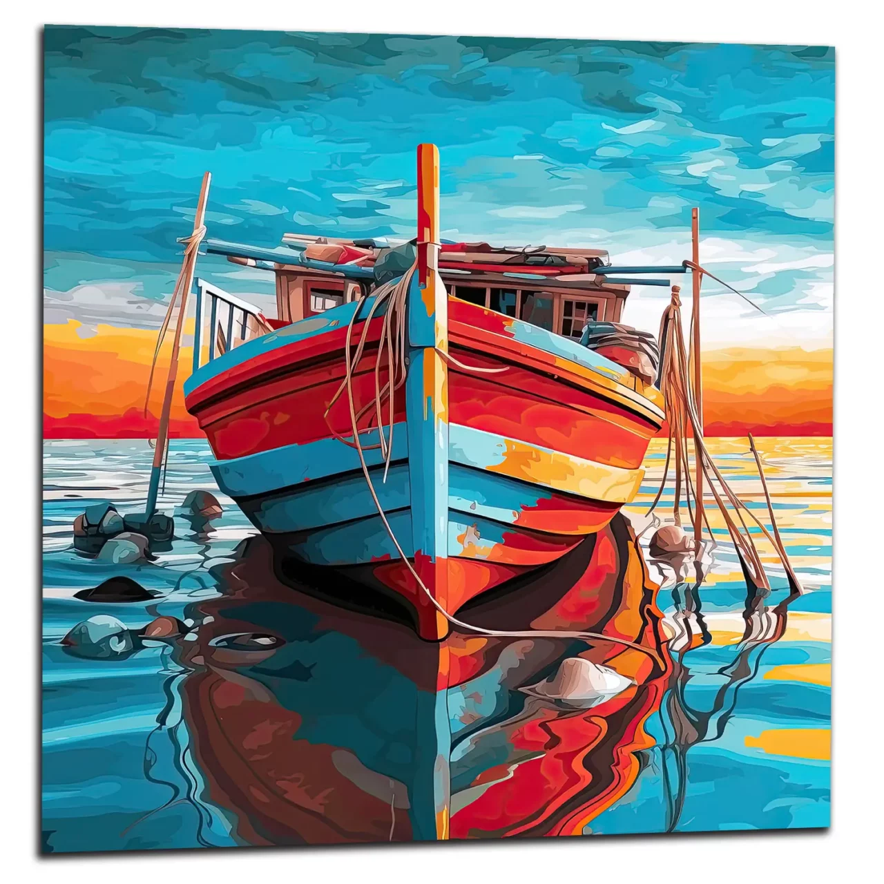 bateau de pêche rouge et bleu