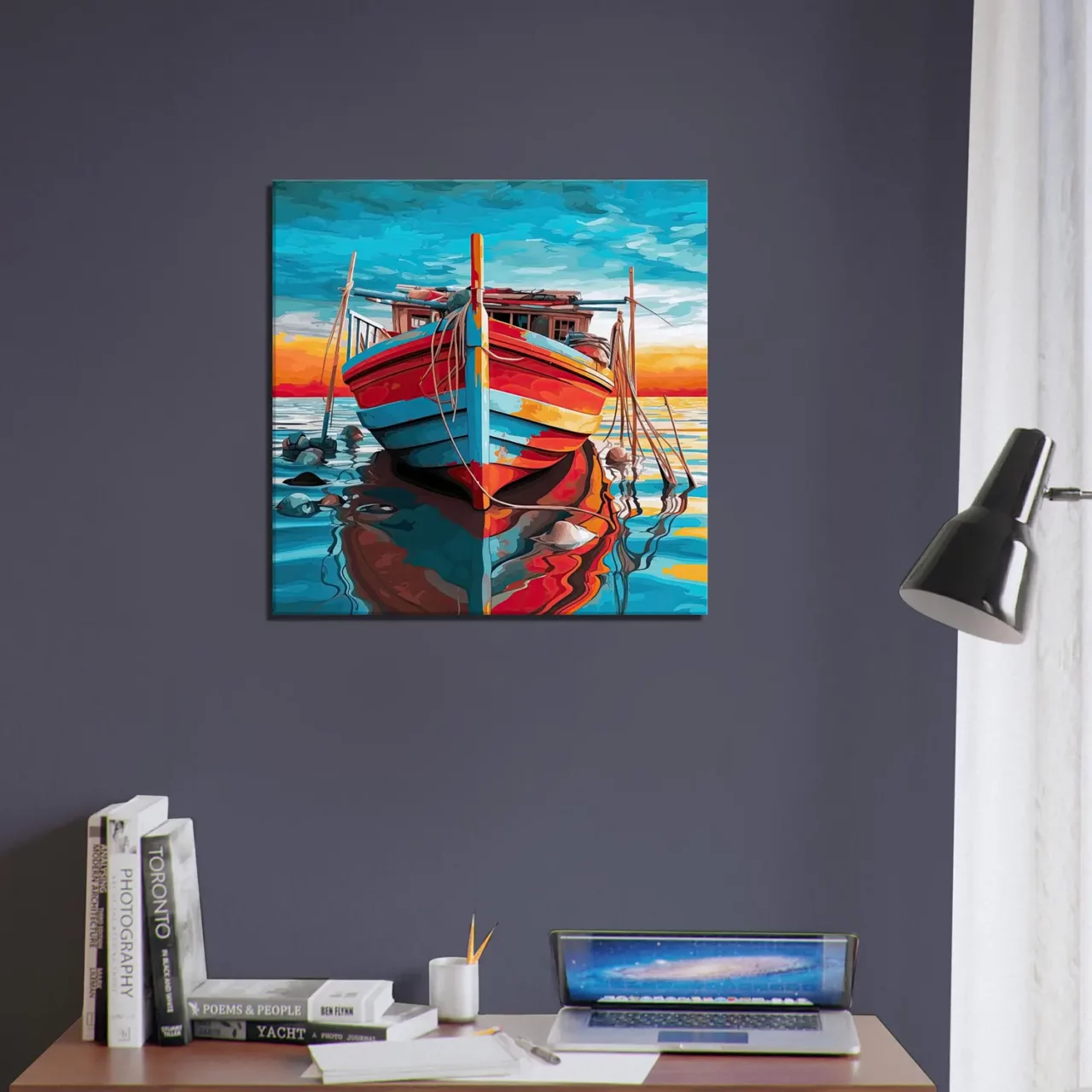 bateau de pêche rouge et bleu