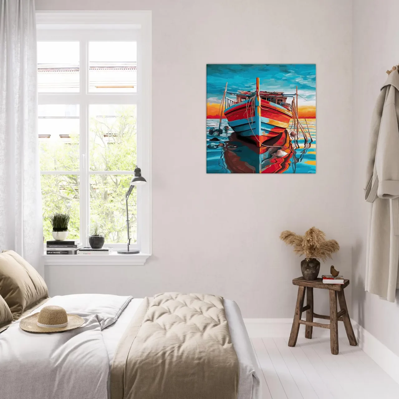 bateau de pêche rouge et bleu