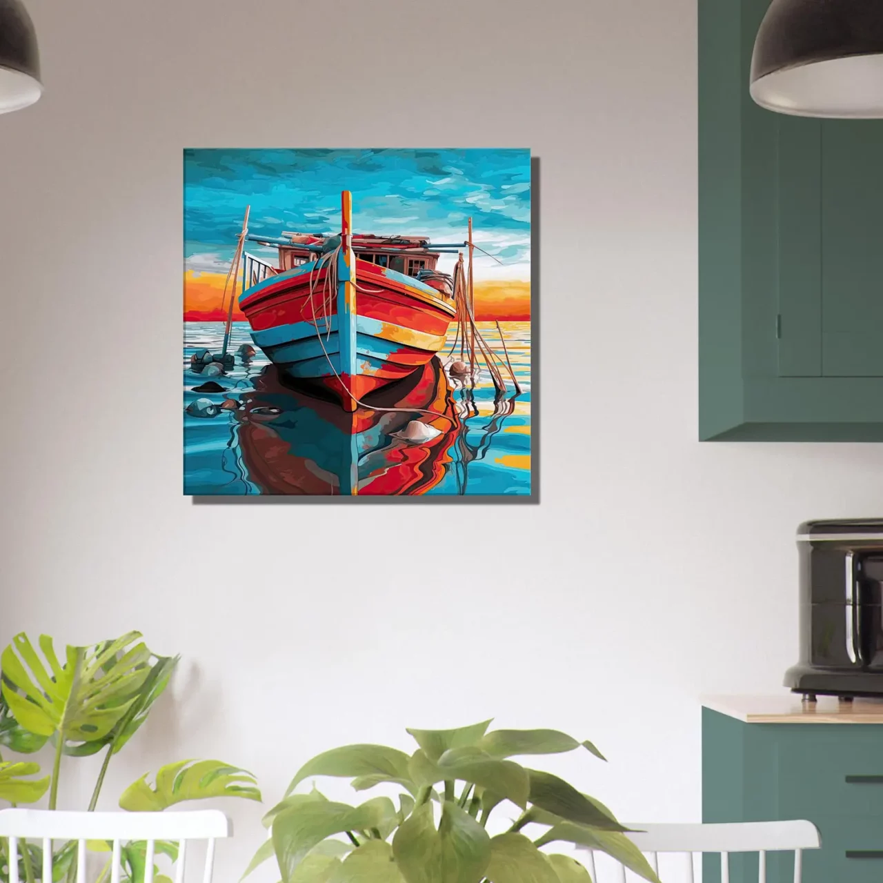 bateau de pêche rouge et bleu