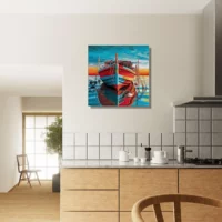 bateau de pêche rouge et bleu