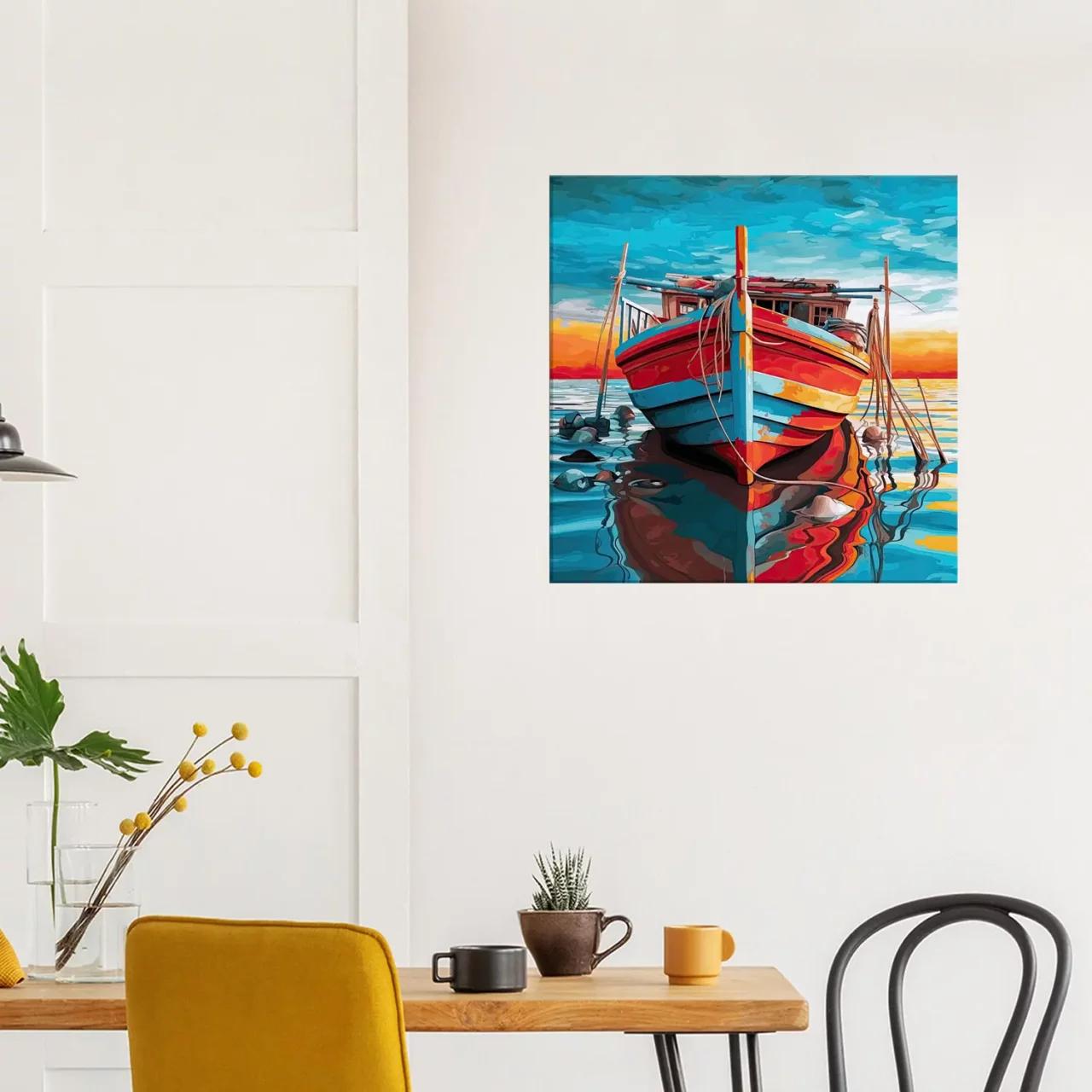 bateau de pêche rouge et bleu