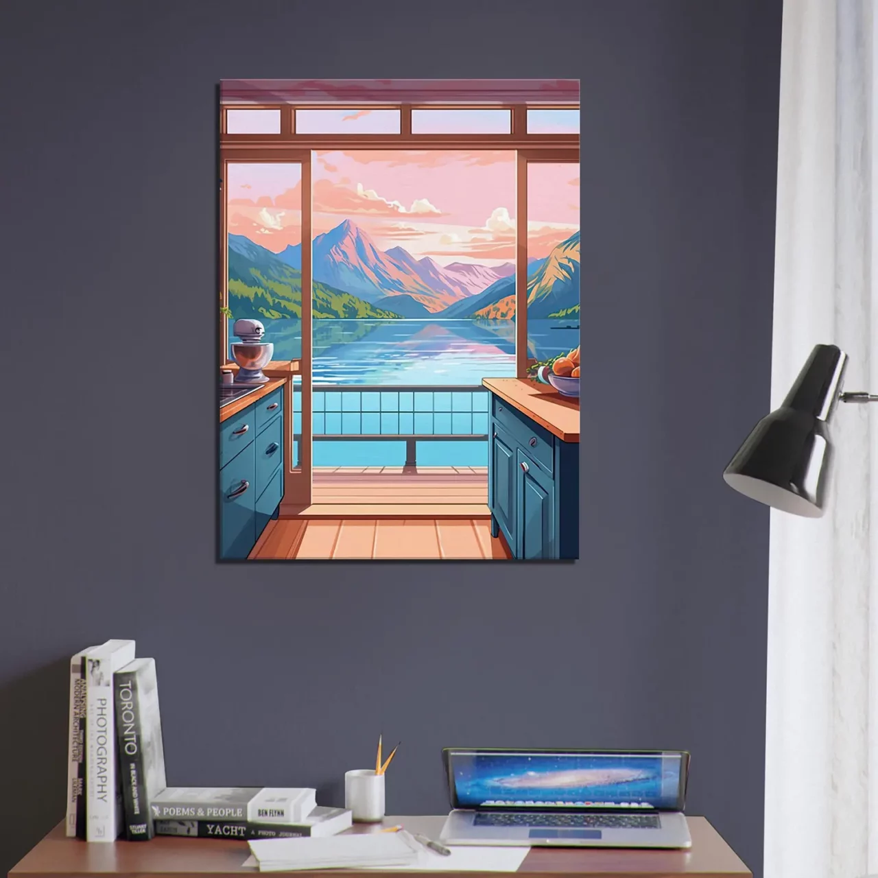 cuisine avec vue sur lac et montagnes